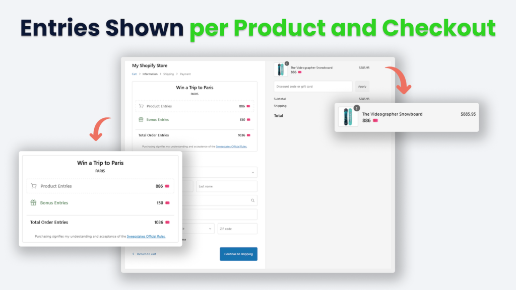 entries shown per product and checkout screenshot